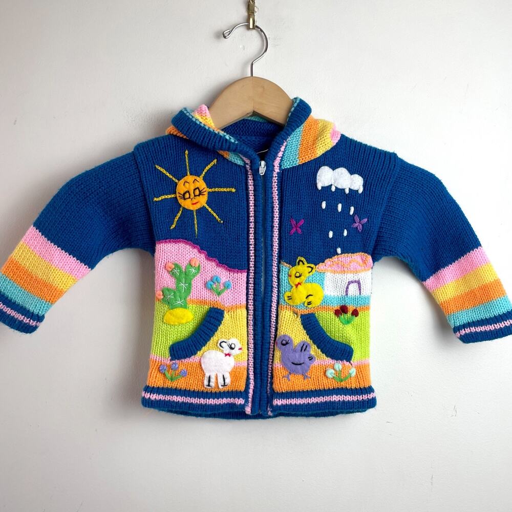 Peruvian Embroidered Knit Full Zip Cardigan Hooded Colorful Rainbow 12-18 Months